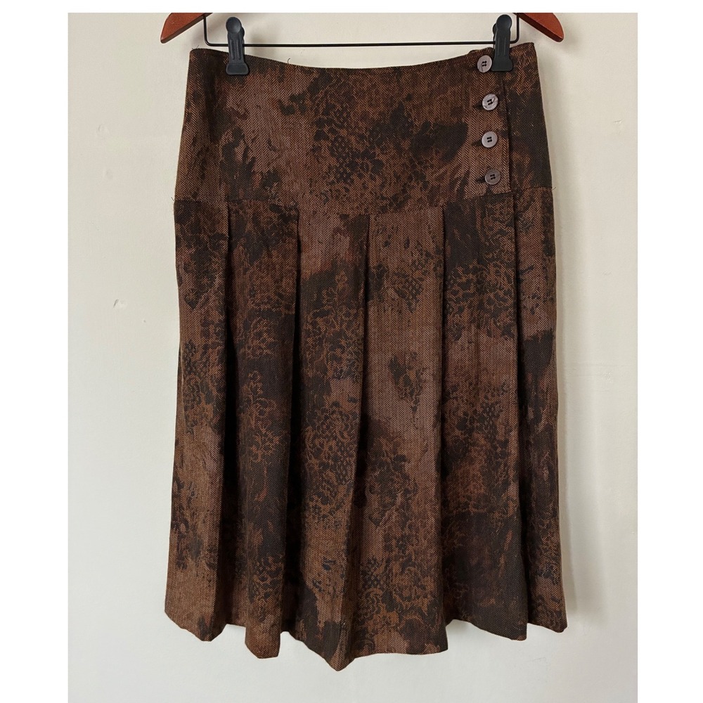 600 West VTG  Brown Herringbone Floral Pleated Midi Skirt Size 8 Cowgirl Boho